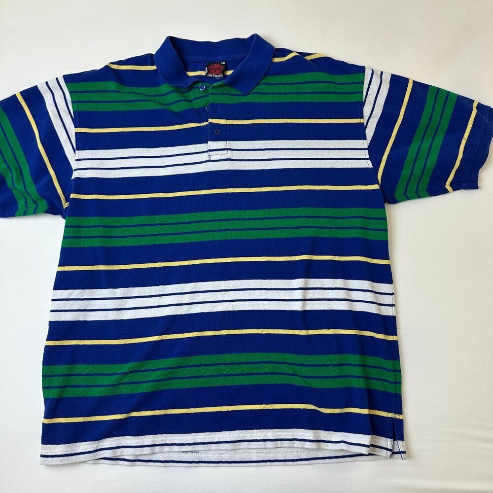 Black Lacquer Polo Shirt Mens 2XL Blue Green Yellow Striped Short Sleeve Casual